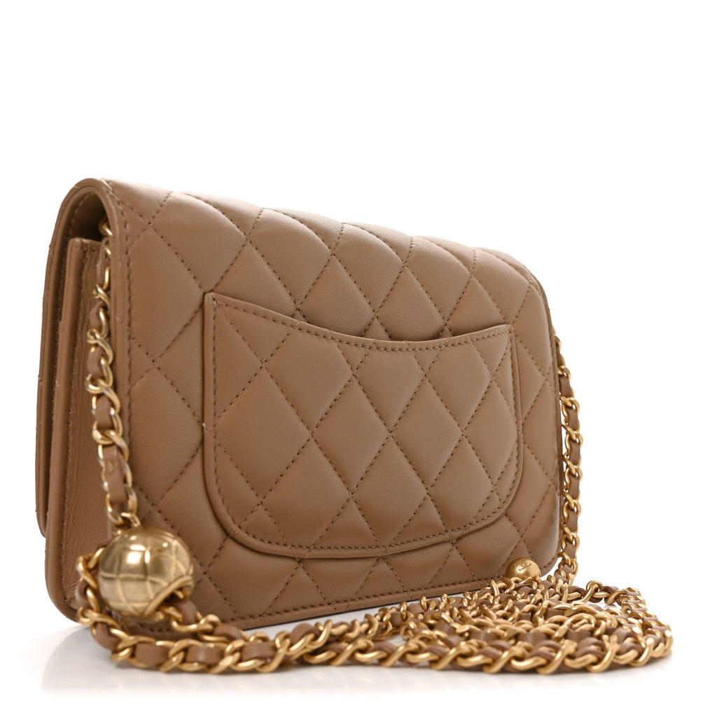 Lambskin Quilted CC Pearl Crush Wallet on Chain WOC Beige wholesalehk.shop