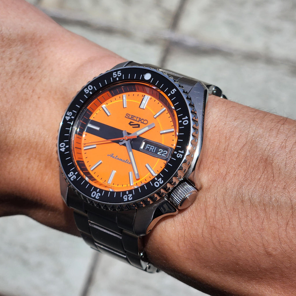 Seiko 5 Sports Double Hurricane Retro Orange Dial Silver Steel Strap Watch For Men - SRPK11K1 wholesalehk.shop
