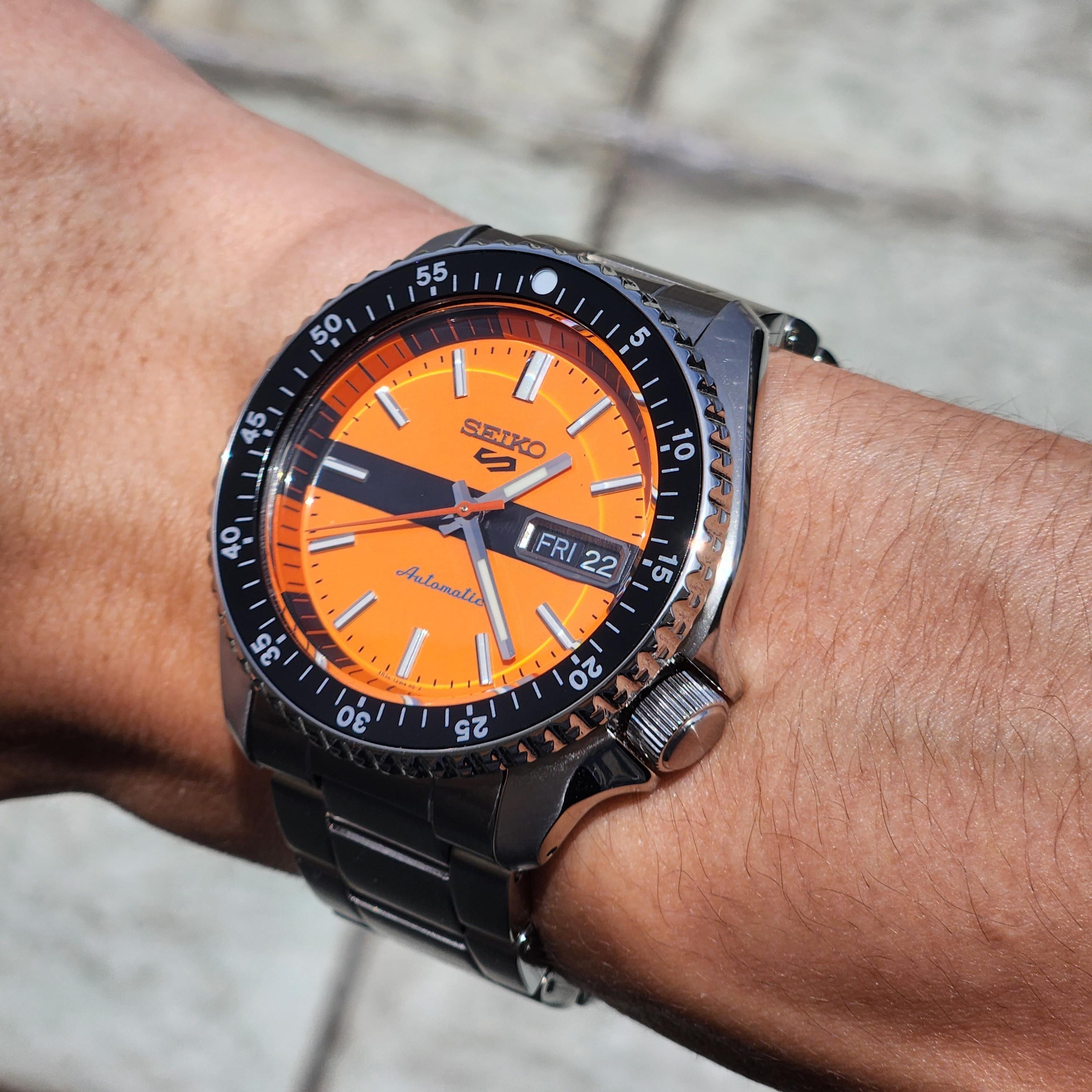 Seiko 5 Sports Double Hurricane Retro Orange Dial Silver Steel Strap Watch For Men - SRPK11K1 wholesalehk.shop