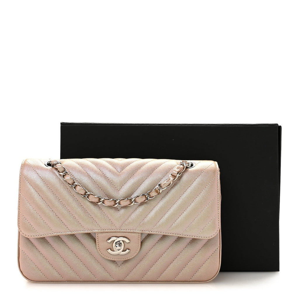 Metallic Caviar Chevron Quilted Medium Double Flap Light Gold wholesalehk.shop