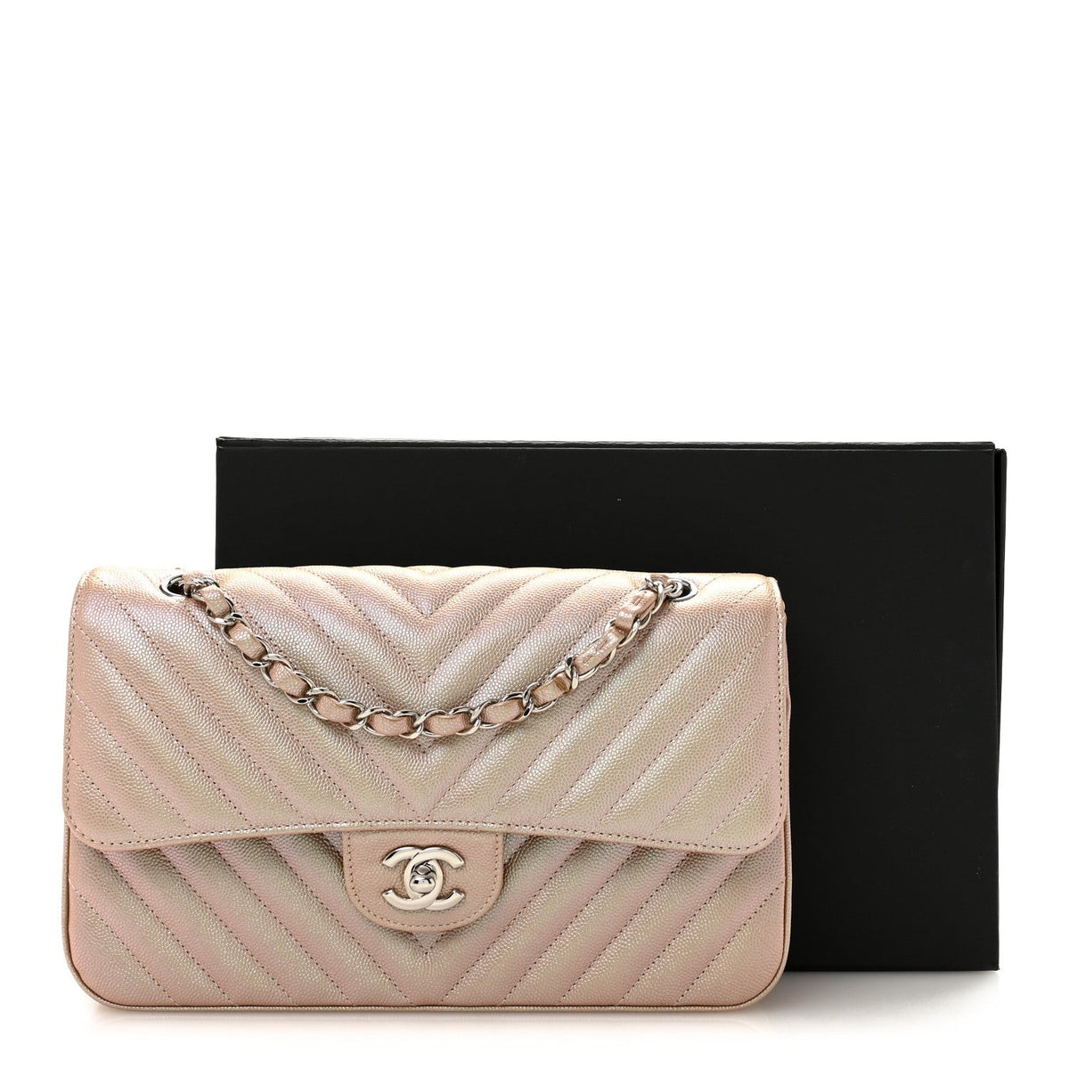 Metallic Caviar Chevron Quilted Medium Double Flap Light Gold wholesalehk.shop