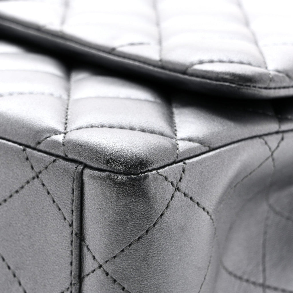 Metallic Lambskin Quilted Maxi Double Flap Pewter wholesalehk.shop