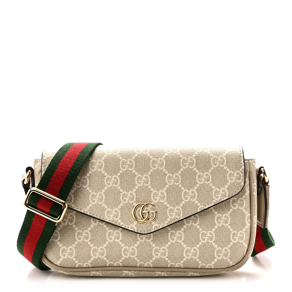 GG Supreme Monogram Textured Dollar Calfskin Web Mini Ophidia Envelope Shoulder Bag Beige Mystic White Oatmeal wholesalehk.shop