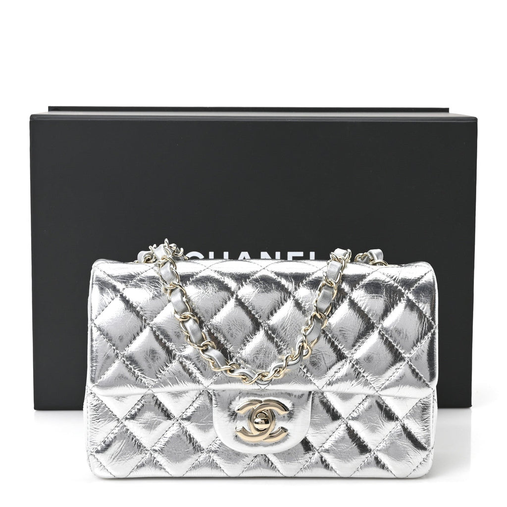 Hammered Metallic Calfskin Quilted Small Double Flap Silver wholesalehk.shop
