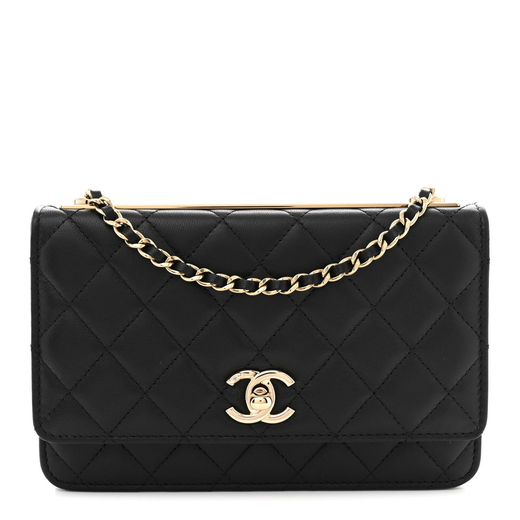 Lambskin Quilted Trendy CC Wallet On Chain WOC Black wholesalehk.shop