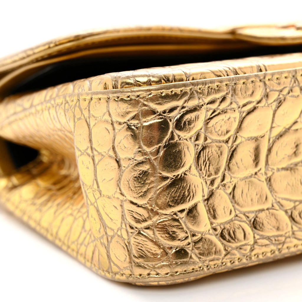 Metallic Calfskin Crocodile Embossed Cocodile Small Double Flap Gold wholesalehk.shop