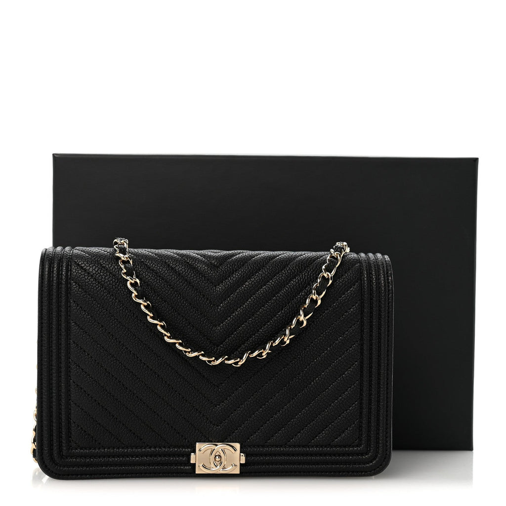 Caviar Chevron Quilted Boy Wallet On Chain WOC Black wholesalehk.shop