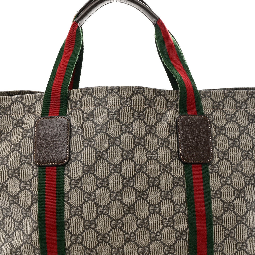 Tender GG Supreme Monogram Textured Dollar Calfskin Web Tote Beige Ebony New Acero wholesalehk.shop