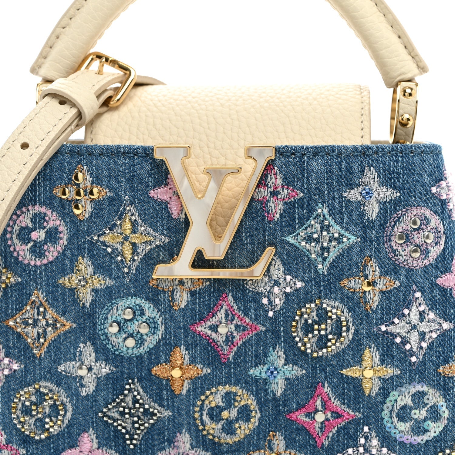 Denim Lurex Beaded Calfskin Capucines Mini Blue Cream £¨ Direct shipment via from wholesalehk.shop