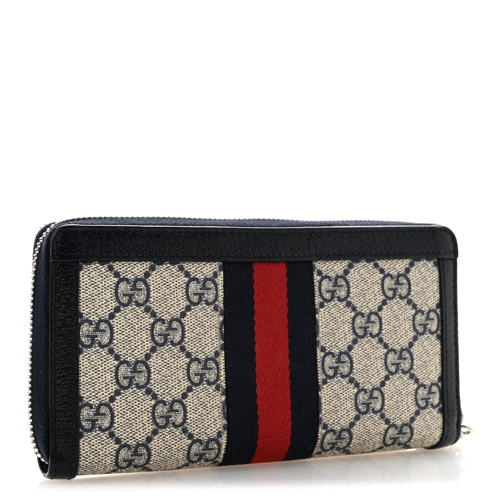 GG Supreme Monogram Textured Dollar Calfskin Web Ophidia Zip Around Wallet Beige Blue wholesalehk.shop
