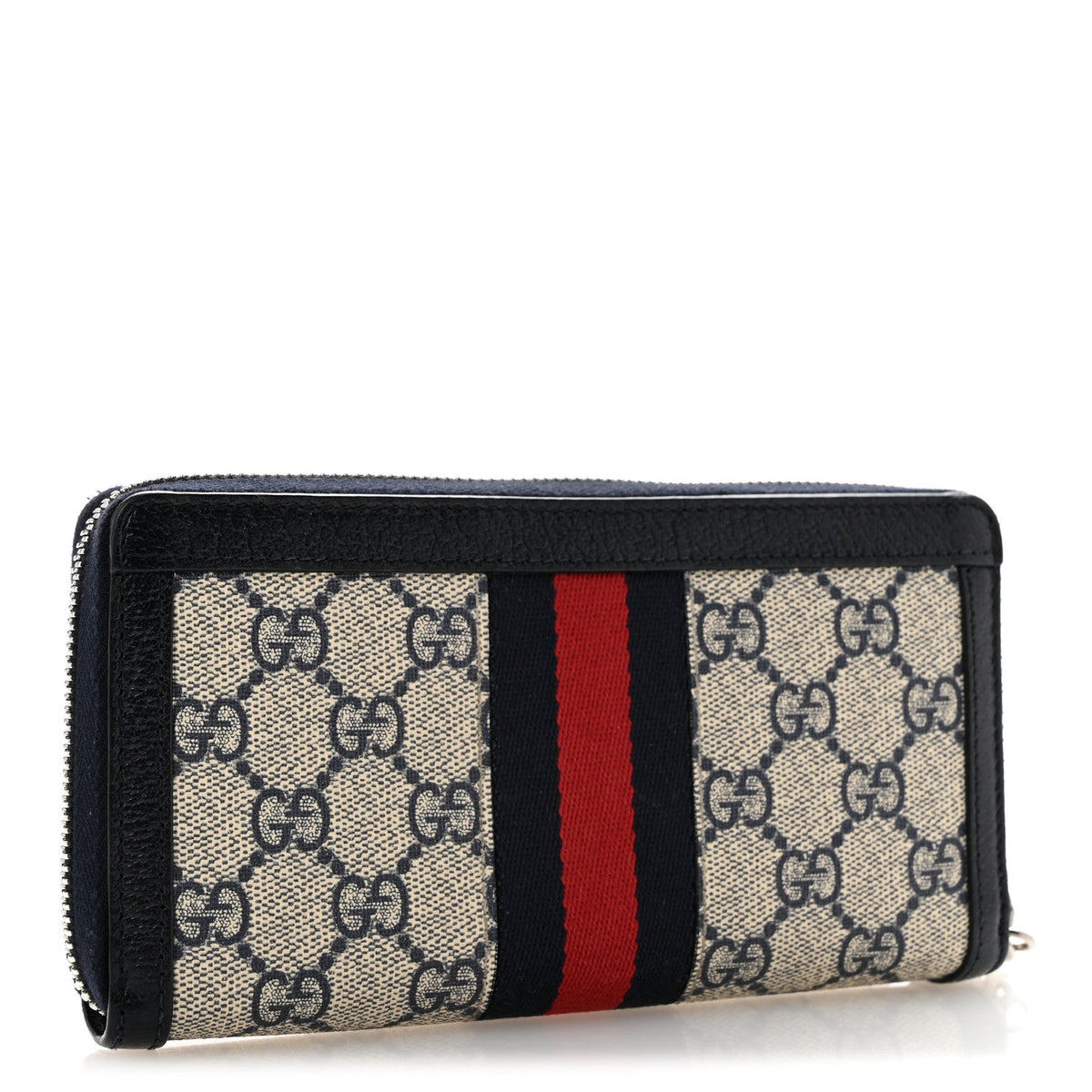 GG Supreme Monogram Textured Dollar Calfskin Web Ophidia Zip Around Wallet Beige Blue wholesalehk.shop