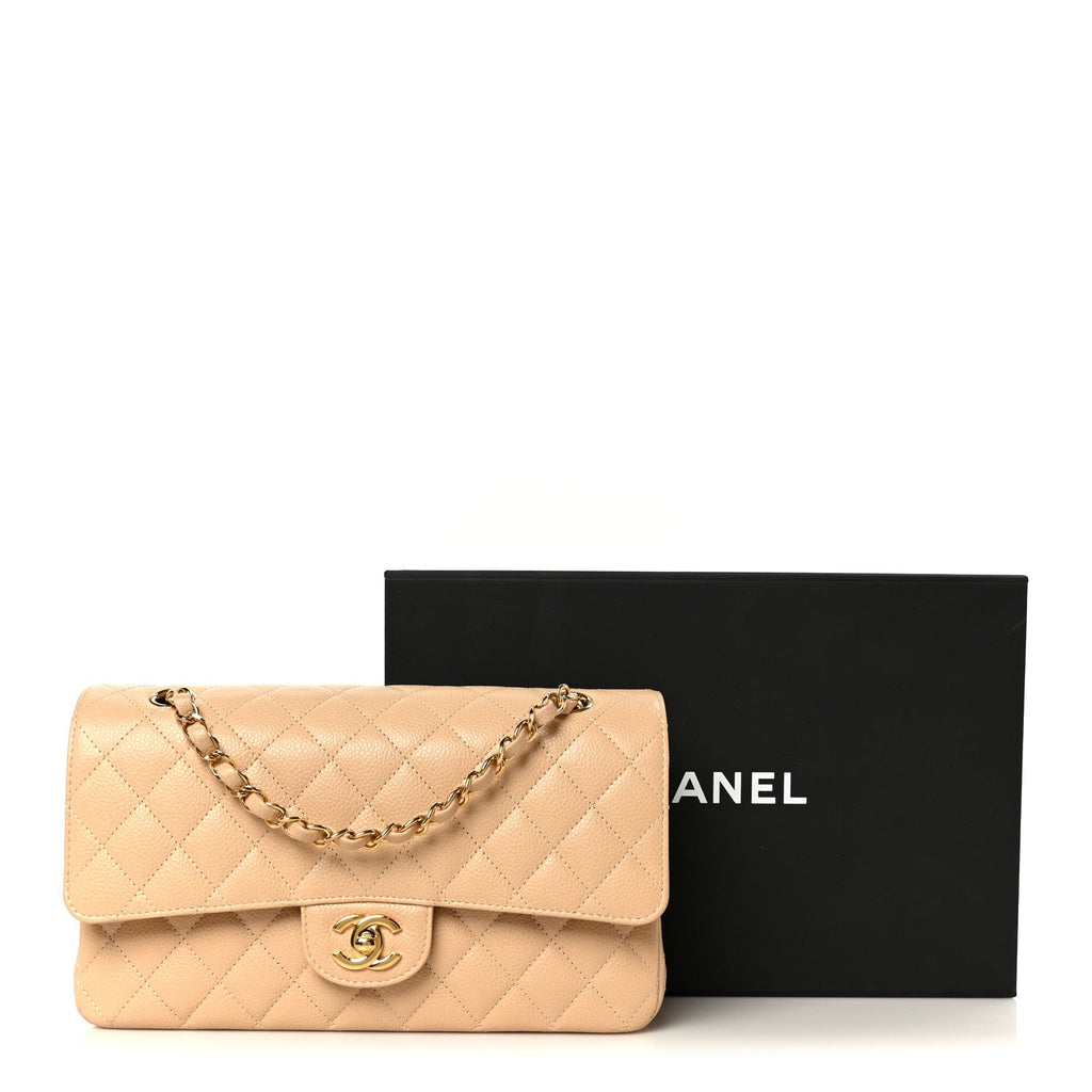 Caviar Quilted Medium Double Flap Beige wholesalehk.shop