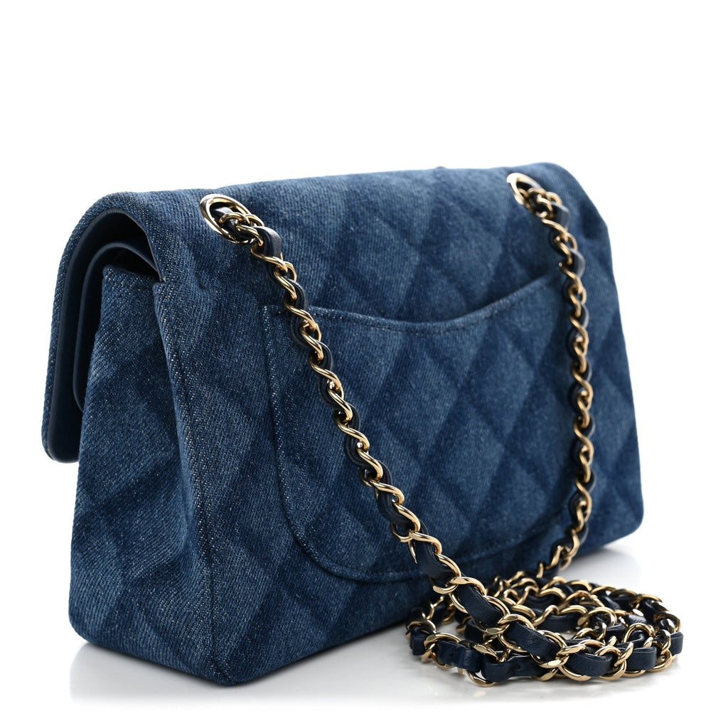 Printed Denim Quilted Small Double Flap Blue wholesalehk.shop