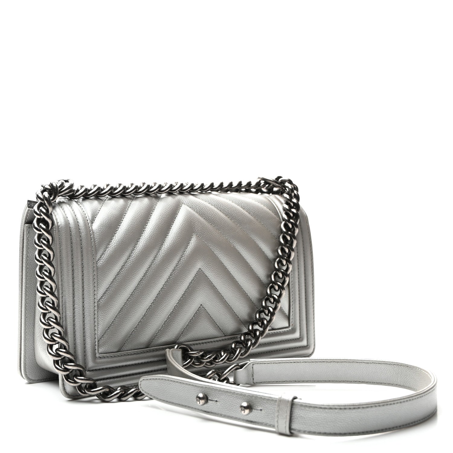 Metallic Caviar Chevron Quilted Medium Boy Flap Silver wholesalehk.shop