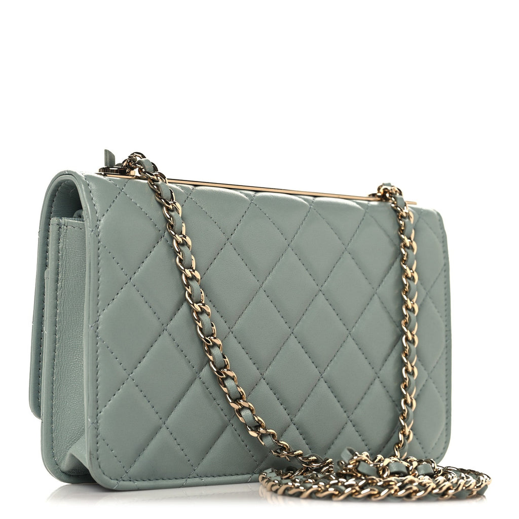 Lambskin Quilted Trendy CC Wallet On Chain WOC Light Blue wholesalehk.shop