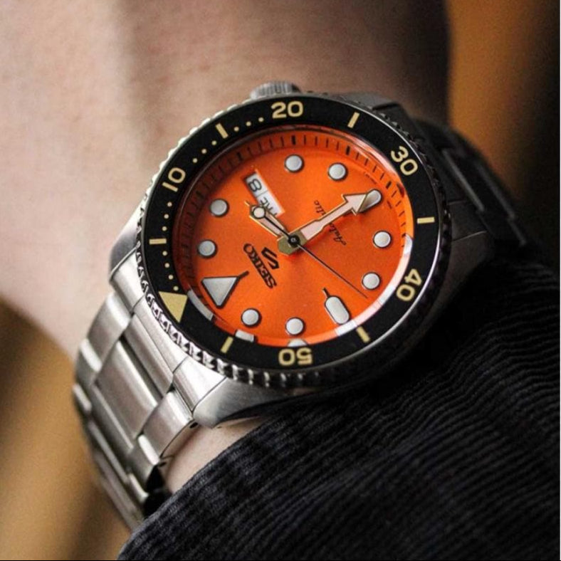 Seiko 5 Sports Automatic Orange Dial Silver Steel Strap Watch For Men - SRPD59K1 wholesalehk.shop