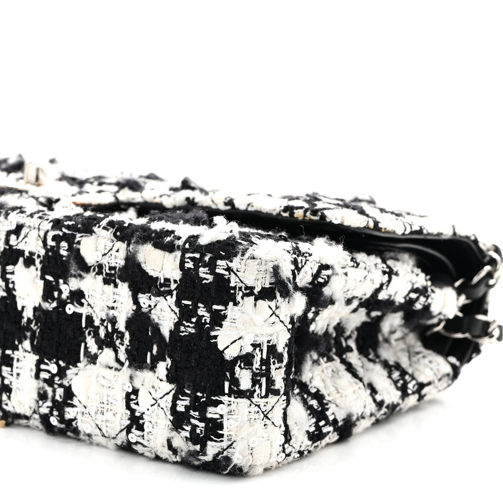 Tweed Sequin Quilted Medium Double Flap Black White wholesalehk.shop