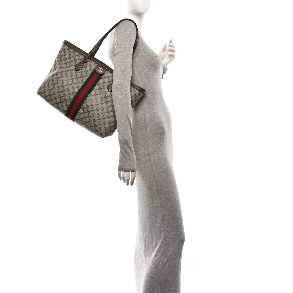 GG Supreme Monogram Textured Calfskin Web Medium Ophidia Shopping Tote Beige Ebony New Acero wholesalehk.shop