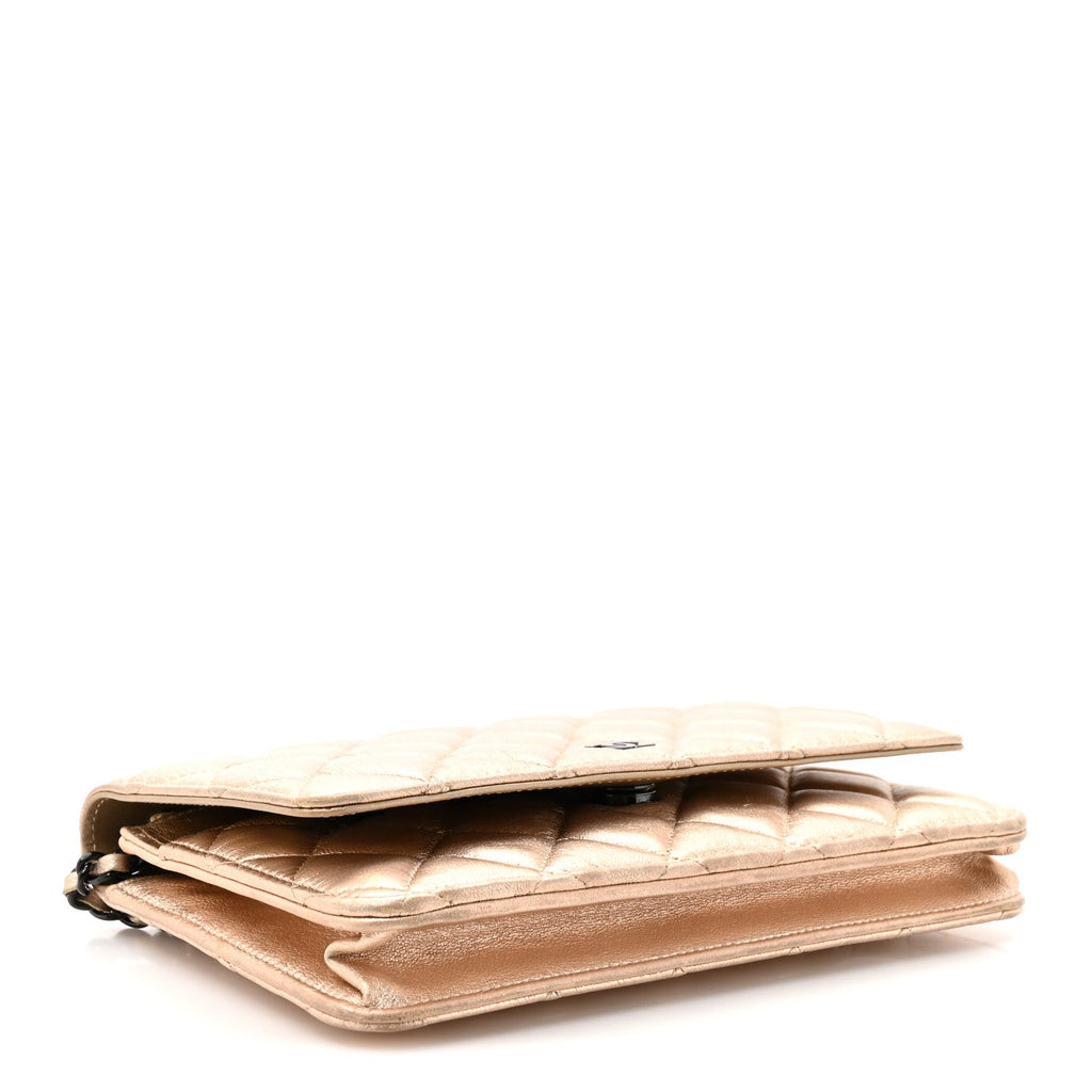 Metallic Lambskin Quilted Wallet On Chain WOC Gold Black wholesalehk.shop