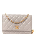 Lambskin Quilted CC Pearl Crush Wallet on Chain WOC Grey wholesalehk.shop
