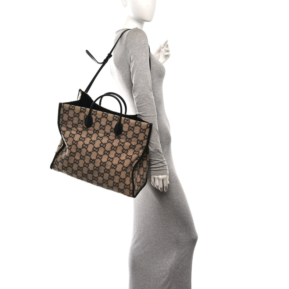 Covered Wool GG Monogram Large Tote Bag Beige Ebony wholesalehk.shop