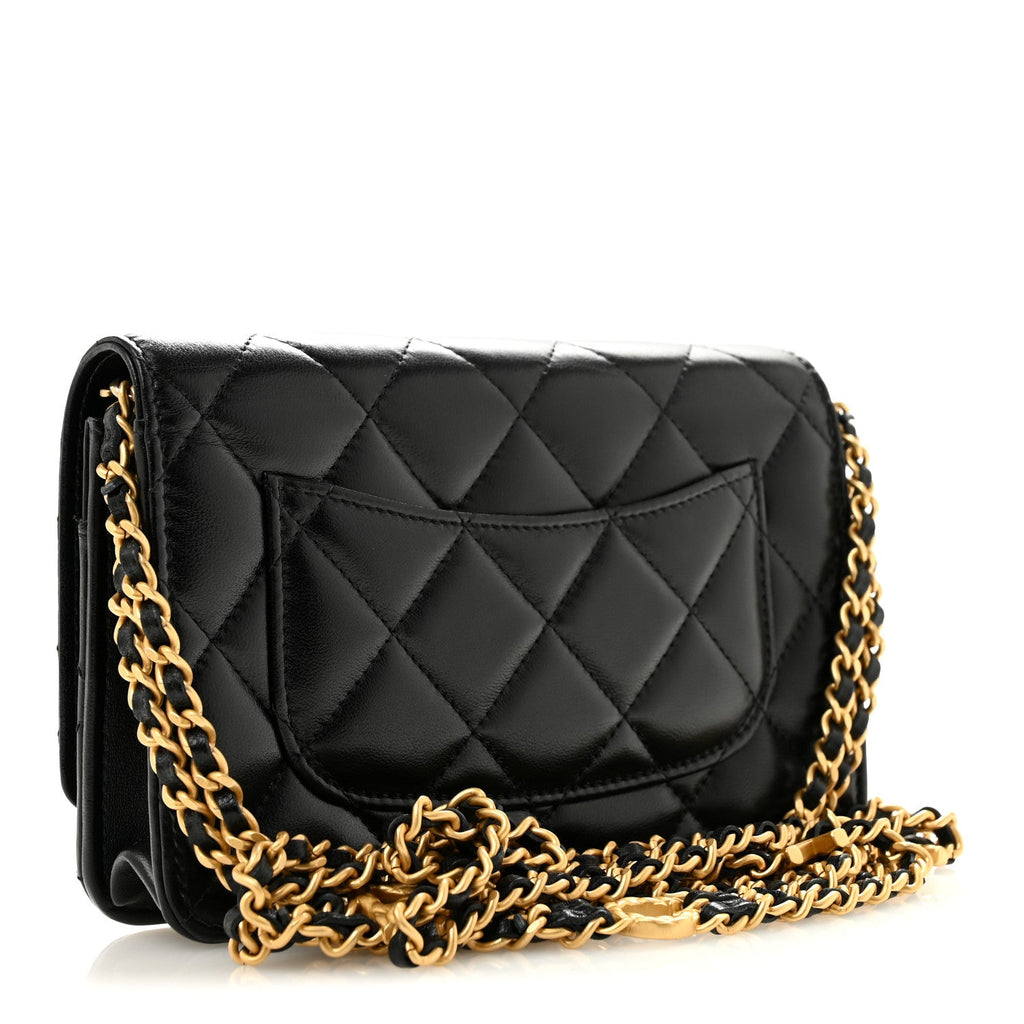 Lambskin Quilted Logo WOC Wallet On Chain Black wholesalehk.shop