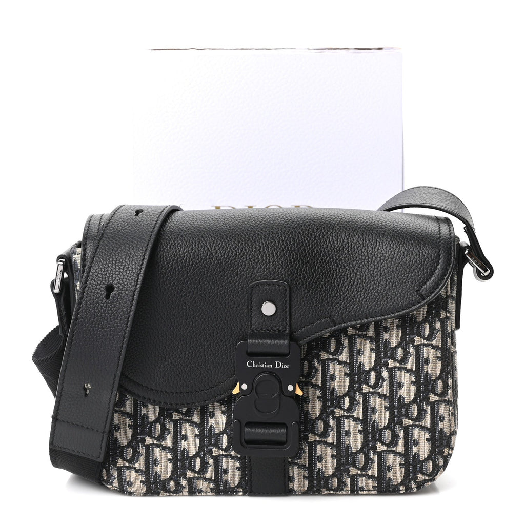 Oblique Jacquard Grained Calfskin Small Saddle Messenger Bag Beige Black wholesalehk.shop