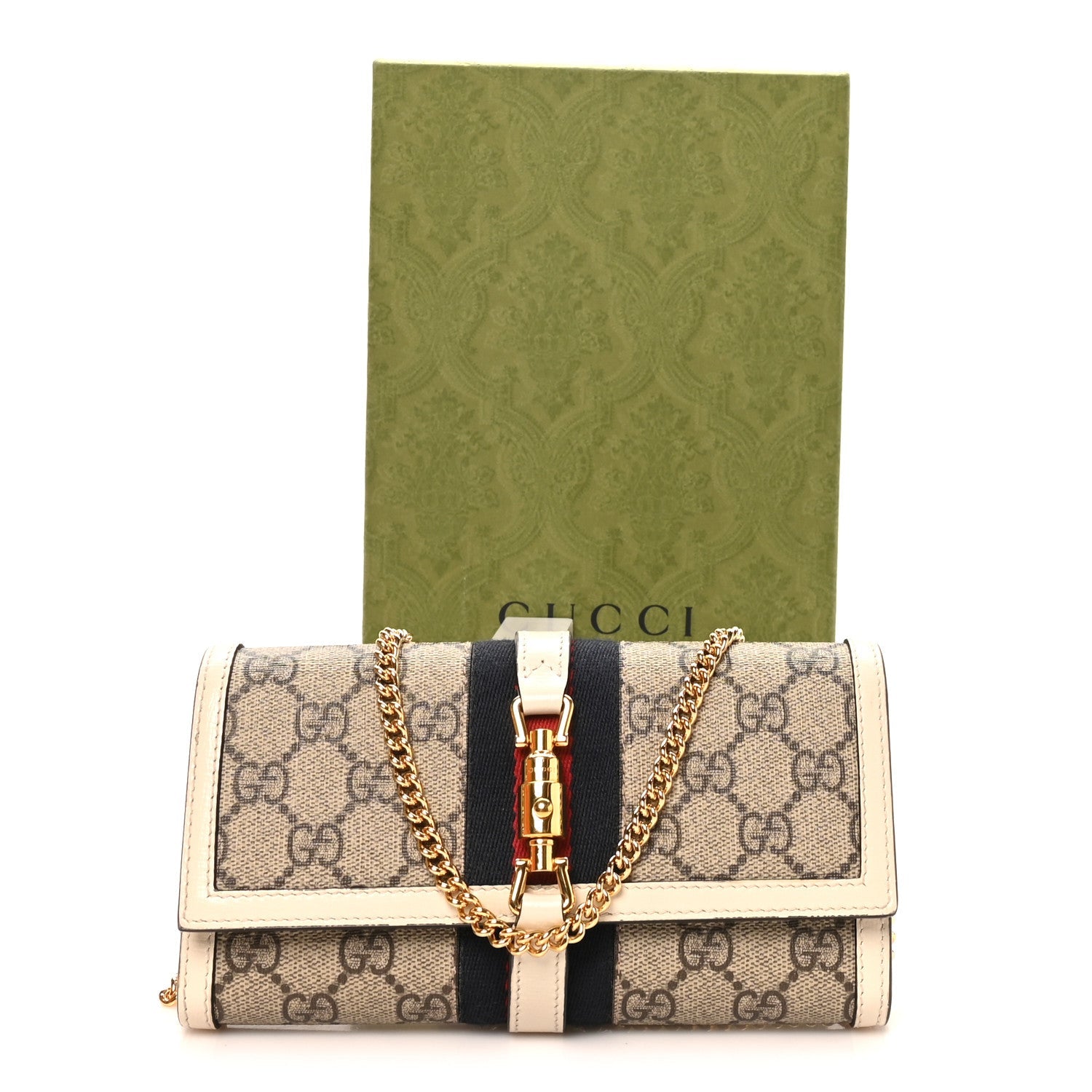 GG Supreme Monogram Textured Calfskin Web Jackie 1961 Chain Wallet Beige Ebony Mystic White £¨ Direct shipment via from wholesalehk.shop