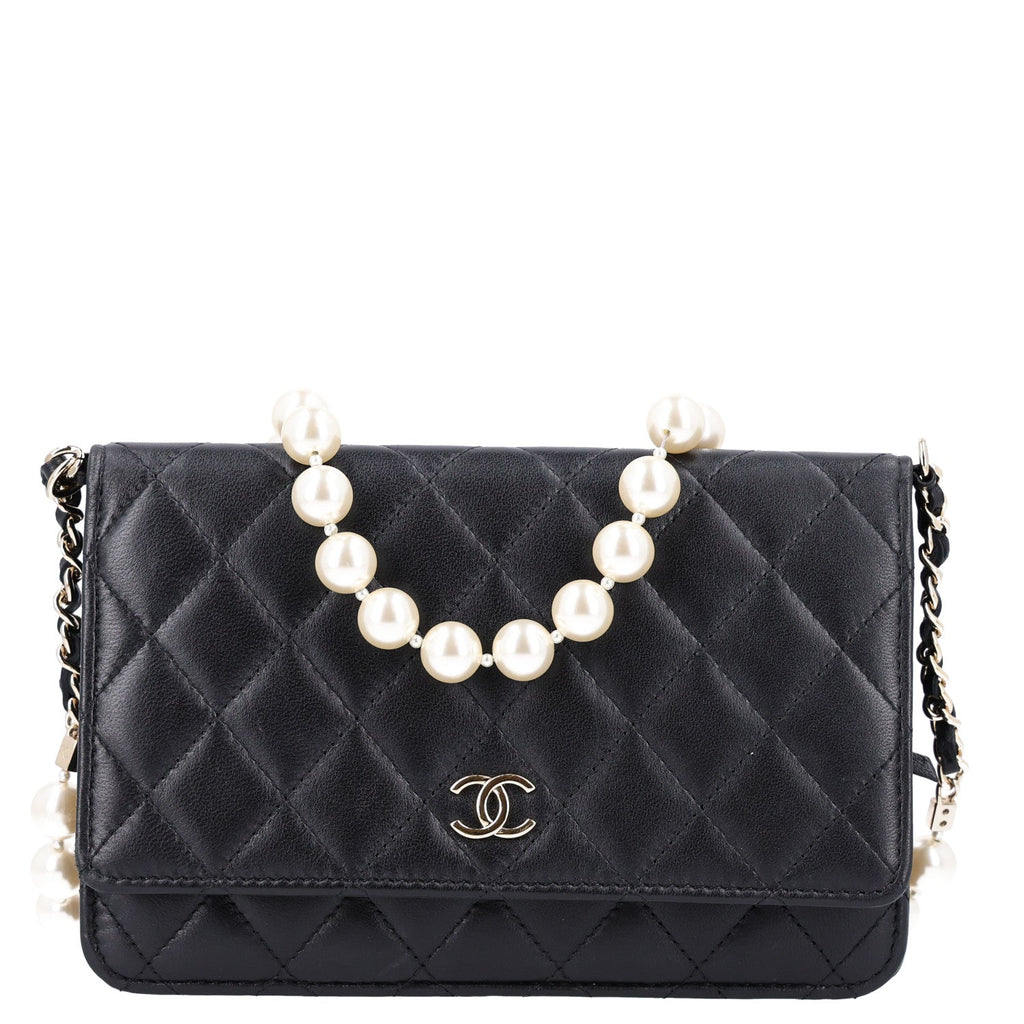 Lambskin Quilted Pearl Wallet On Chain WOC Black wholesalehk.shop