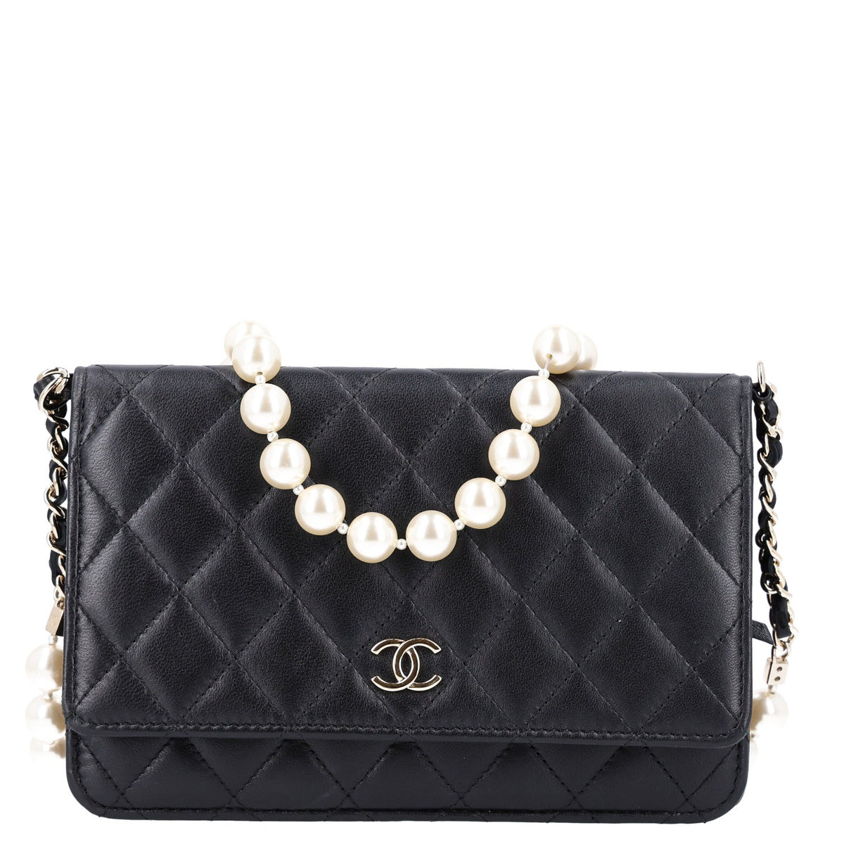 Lambskin Quilted Pearl Wallet On Chain WOC Black wholesalehk.shop
