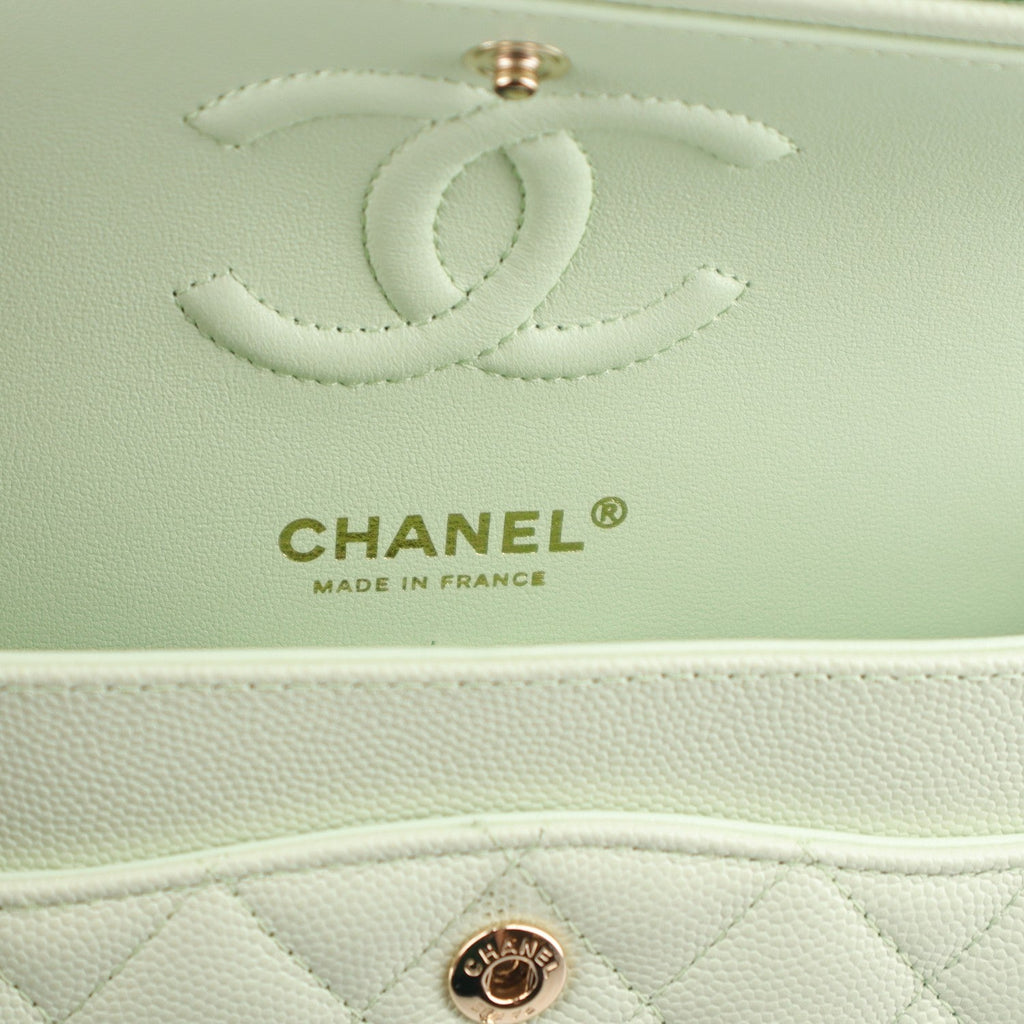 Caviar Quilted Small Double Flap Light Green wholesalehk.shop