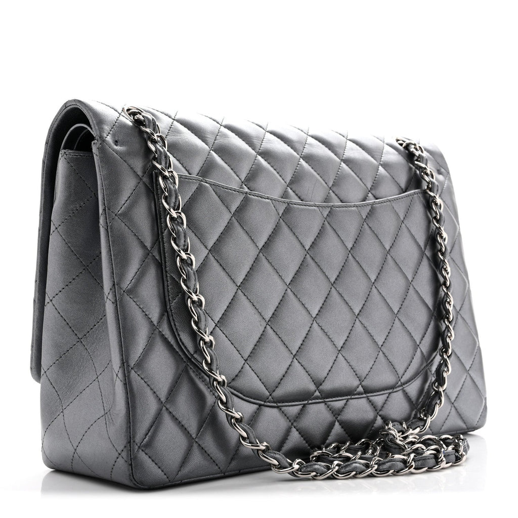 Metallic Lambskin Quilted Maxi Double Flap Pewter wholesalehk.shop