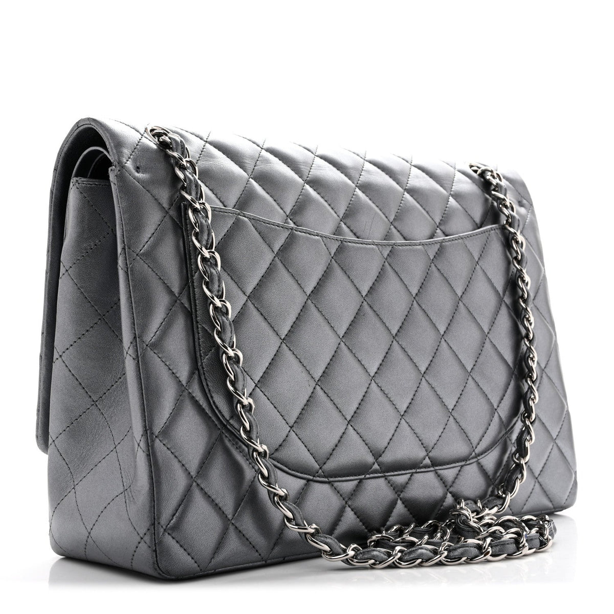 Metallic Lambskin Quilted Maxi Double Flap Pewter wholesalehk.shop