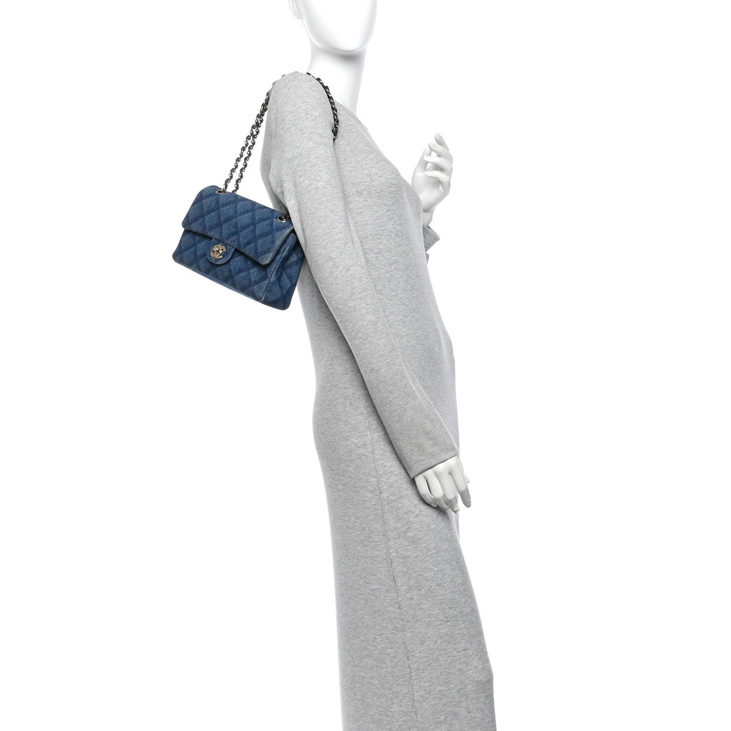 Printed Denim Quilted Small Double Flap Light Blue wholesalehk.shop