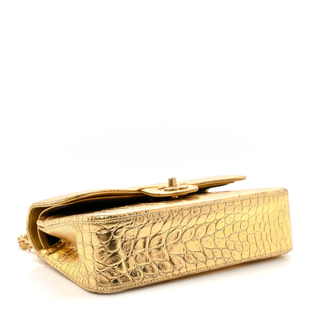 Metallic Calfskin Crocodile Embossed Cocodile Small Double Flap Gold wholesalehk.shop