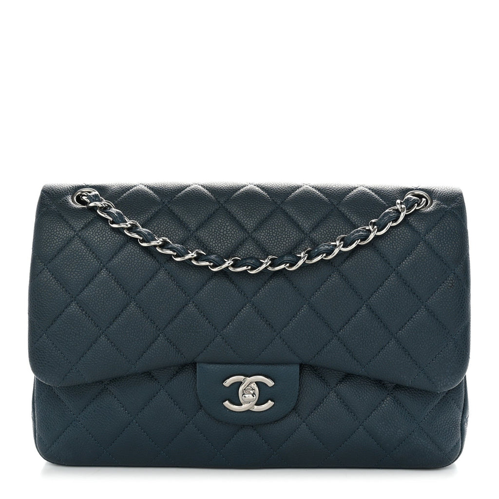Metallic Caviar Quilted Jumbo Double Flap Dark Blue wholesalehk.shop