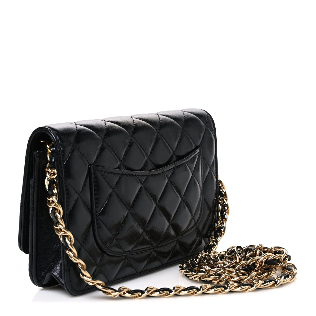 Shiny Lambskin Quilted Golden Links Wallet On Chain WOC Black wholesalehk.shop