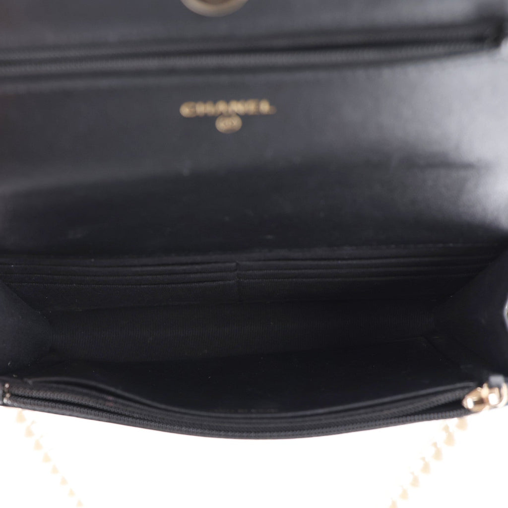 Lambskin Quilted Pearl Wallet On Chain WOC Black wholesalehk.shop