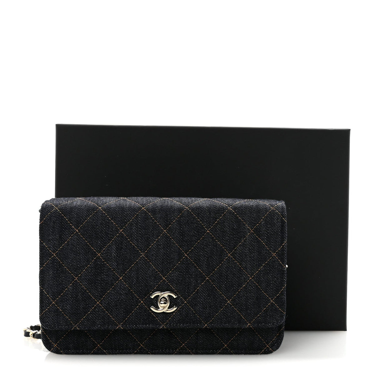 Denim Quilted CC Turnlock Wallet On Chain WOC Dark Blue Orange wholesalehk.shop