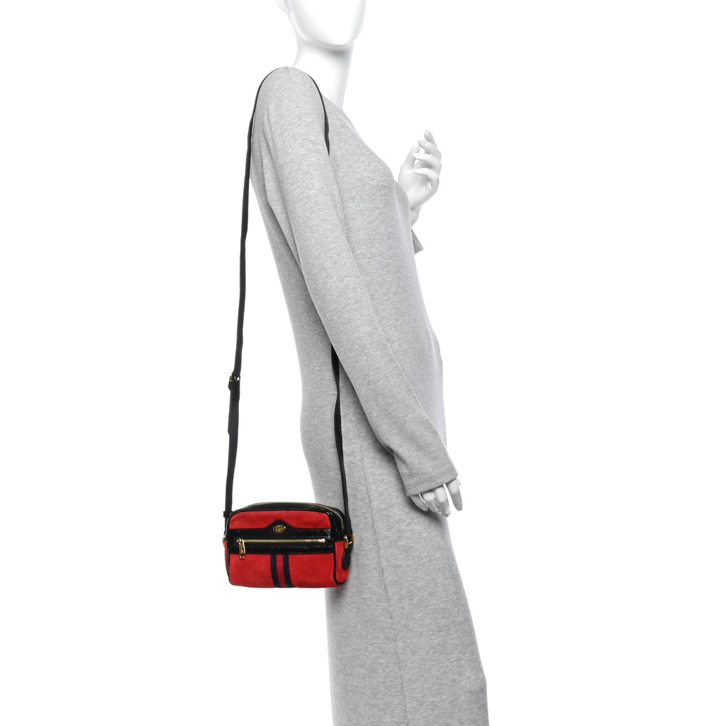 Suede Patent Web Mini Ophidia Shoulder Bag Hibiscus Red Black wholesalehk.shop