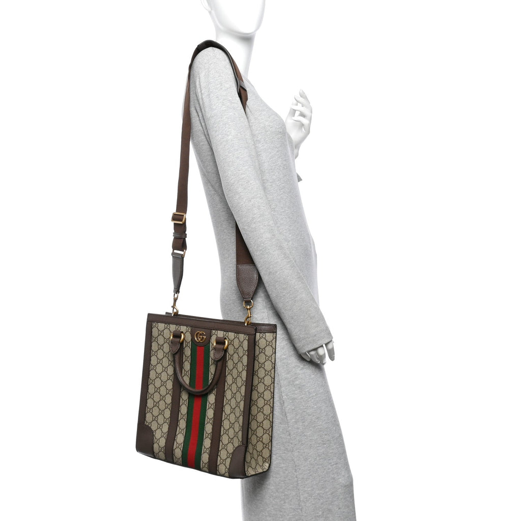 GG Supreme Monogram Textured Dollar Calfskin Web Medium Ophidia Tote Bag Beige Ebony wholesalehk.shop