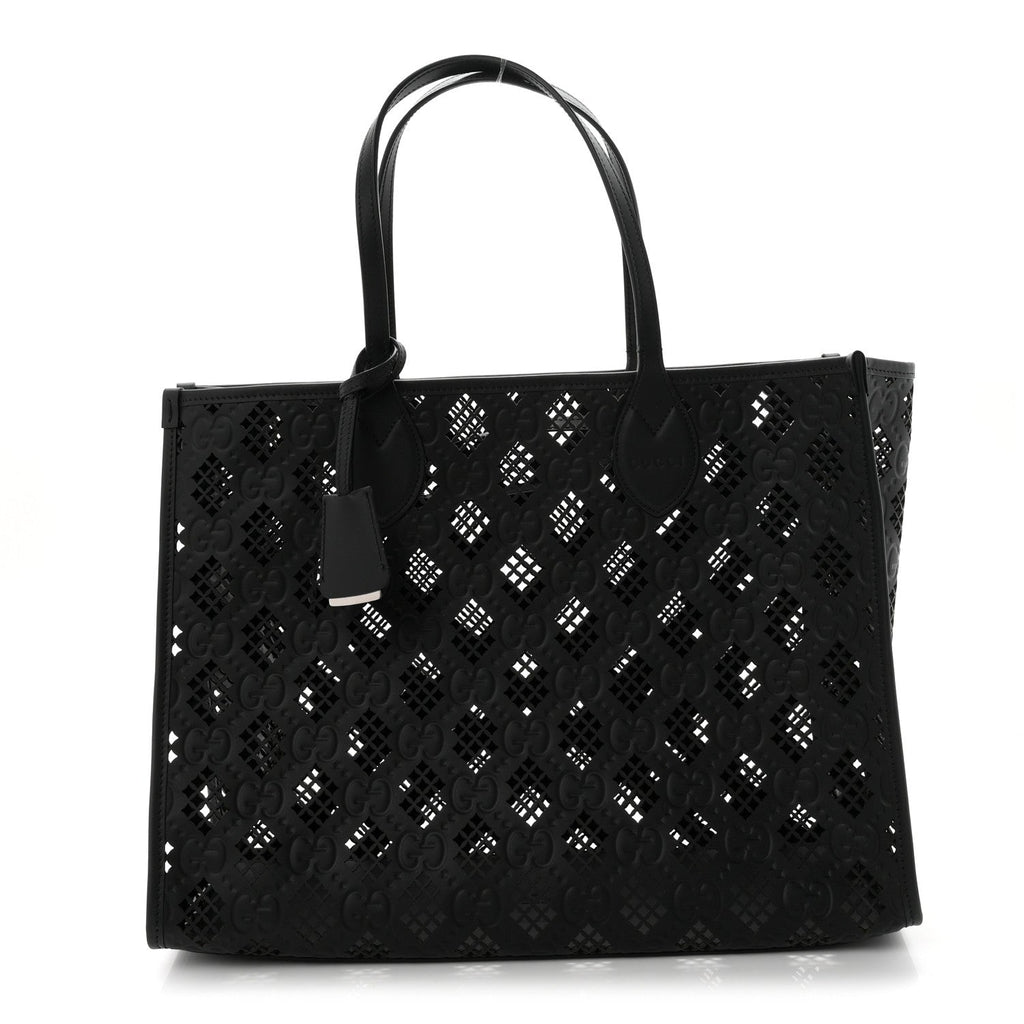 Calfskin GG Monogram Diamond Cut Medium Ophidia Tote Bag Black wholesalehk.shop