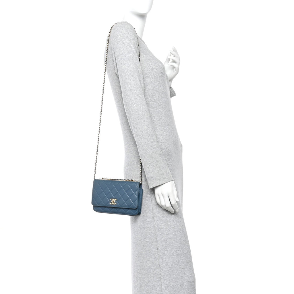 Lambskin Quilted Trendy CC Wallet On Chain WOC Blue wholesalehk.shop