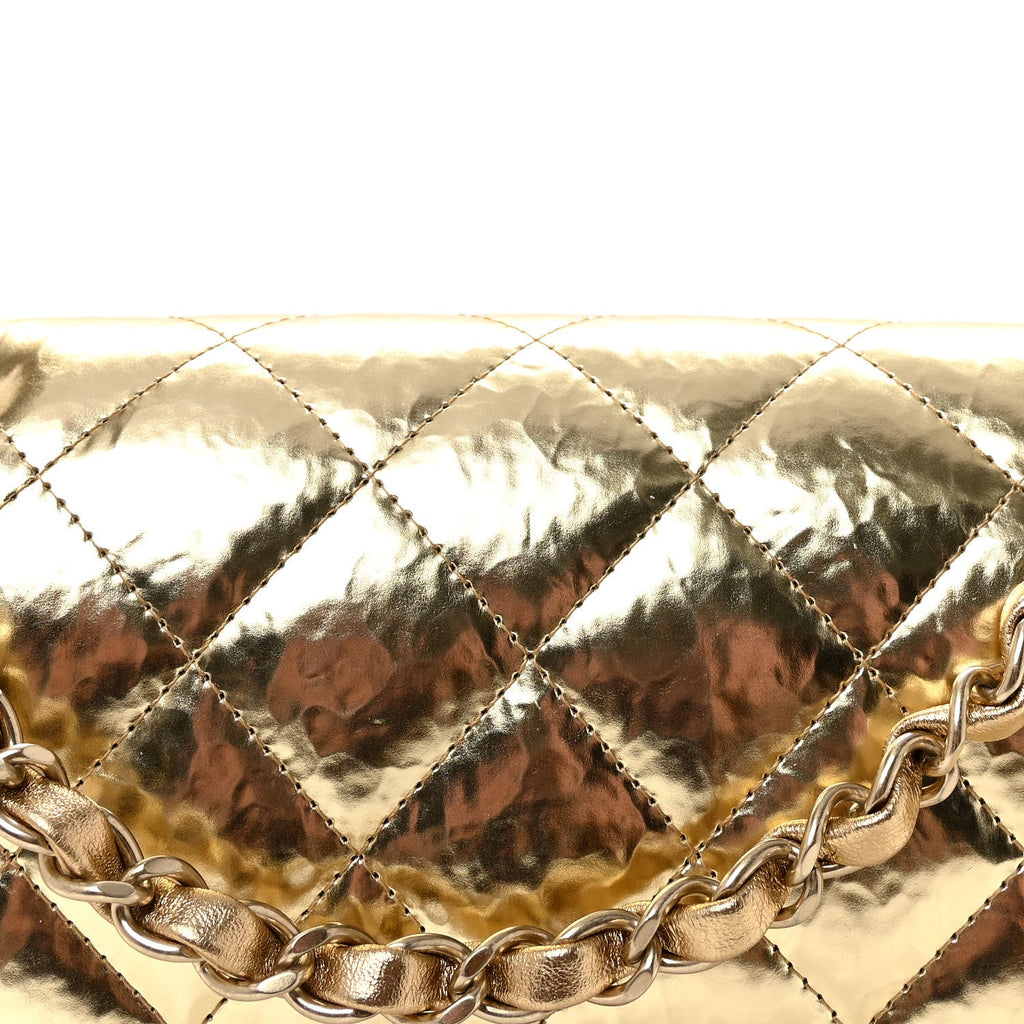 Hammered Metallic Calfskin Quilted Small Double Flap Gold wholesalehk.shop