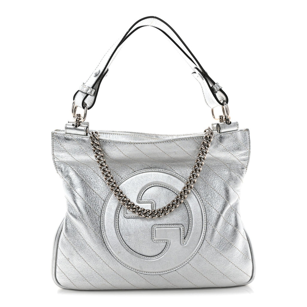 Sakai Be Green Calfskin Diagonal Stitched Small Blondie Tote Silver wholesalehk.shop