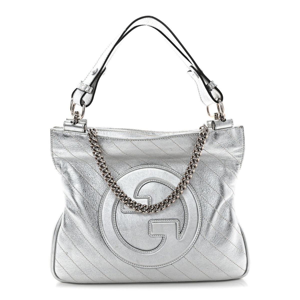Sakai Be Green Calfskin Diagonal Stitched Small Blondie Tote Silver wholesalehk.shop