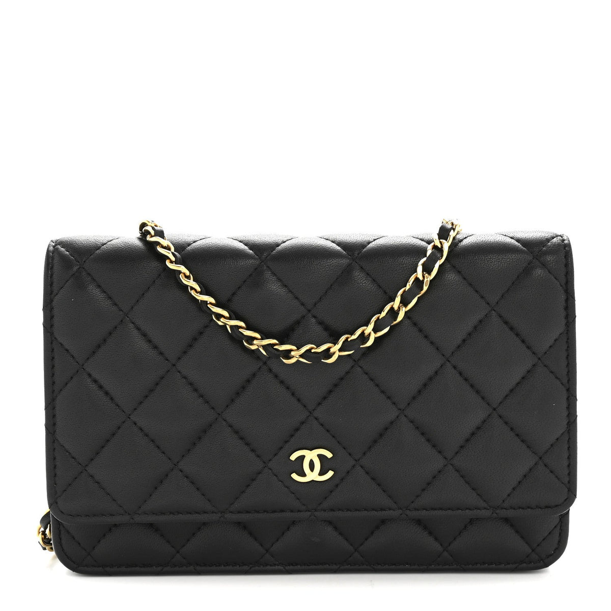 Lambskin Quilted Wallet On Chain WOC Black wholesalehk.shop