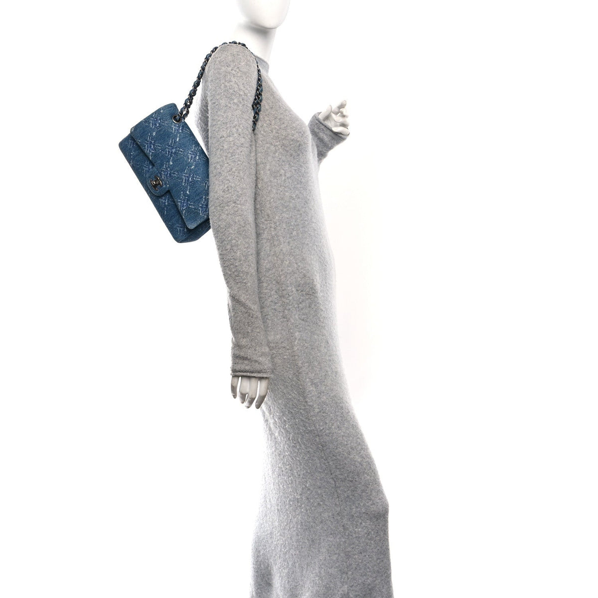 Denim Bleached Chain Medium Double Flap Blue wholesalehk.shop