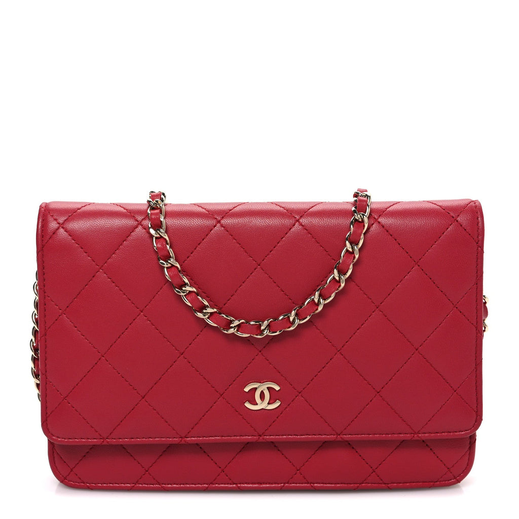 Lambskin Quilted Wallet On Chain WOC Dark Pink wholesalehk.shop