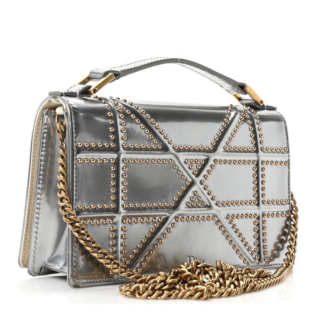 Metallic Patent Studded Diorama Top Handle Wallet on Chain Pouch Silver ¡§ Direct shipment via from wholesalehk.shop